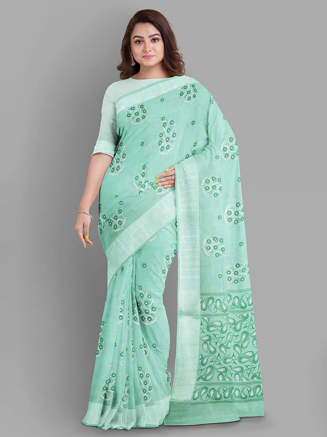 

The Chennai Silks Floral Linen Blend Fusion Bhagalpuri Saree, Green