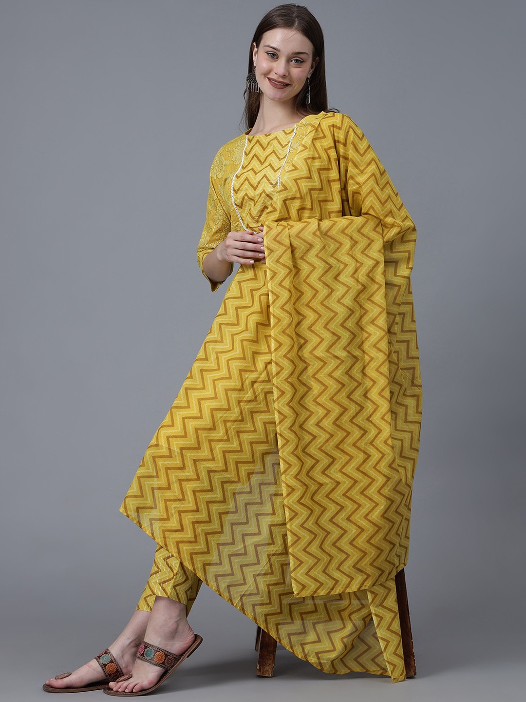 

StyleOcean Chevron Printed Pure Cotton Kurta With Trousers And Dupatta, Yellow