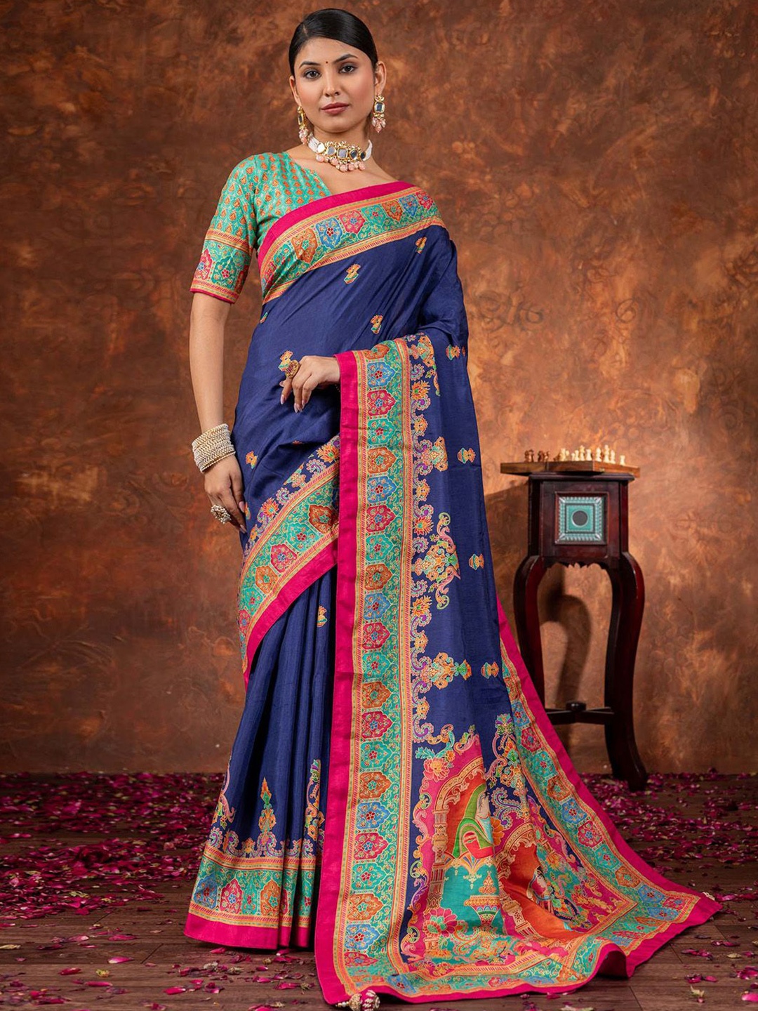 

Anouk Ethnic Motifs Silk Blend Saree, Navy blue
