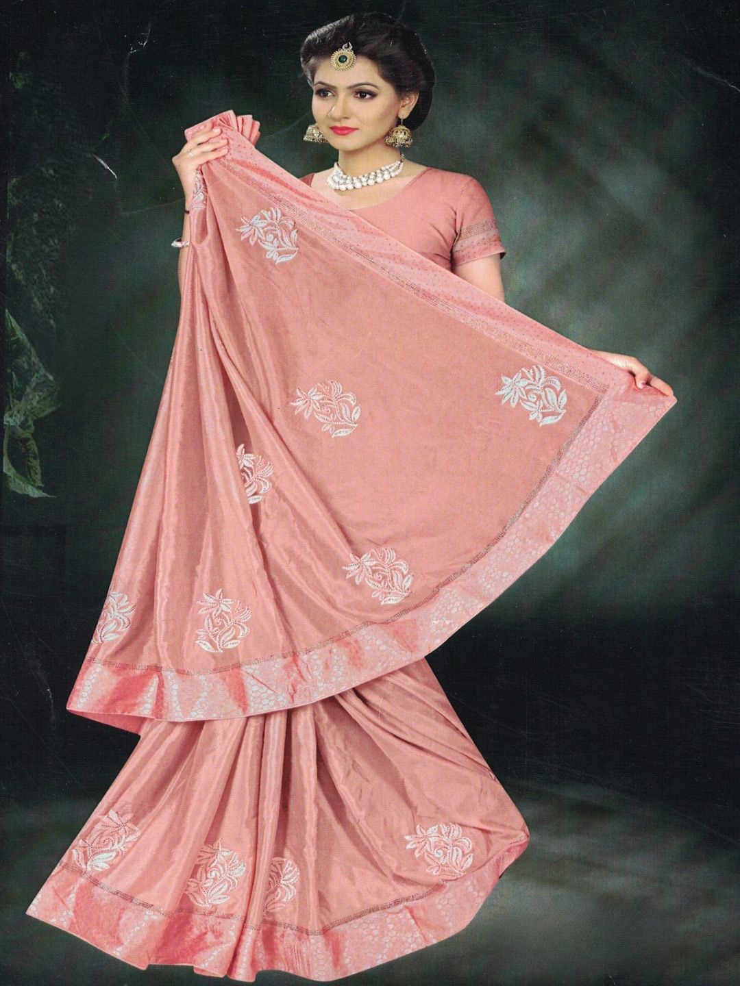 

SHOPPKEE Ethnic Motifs Embroidered Poly Chiffon Heavy Work Chanderi Saree, Coral