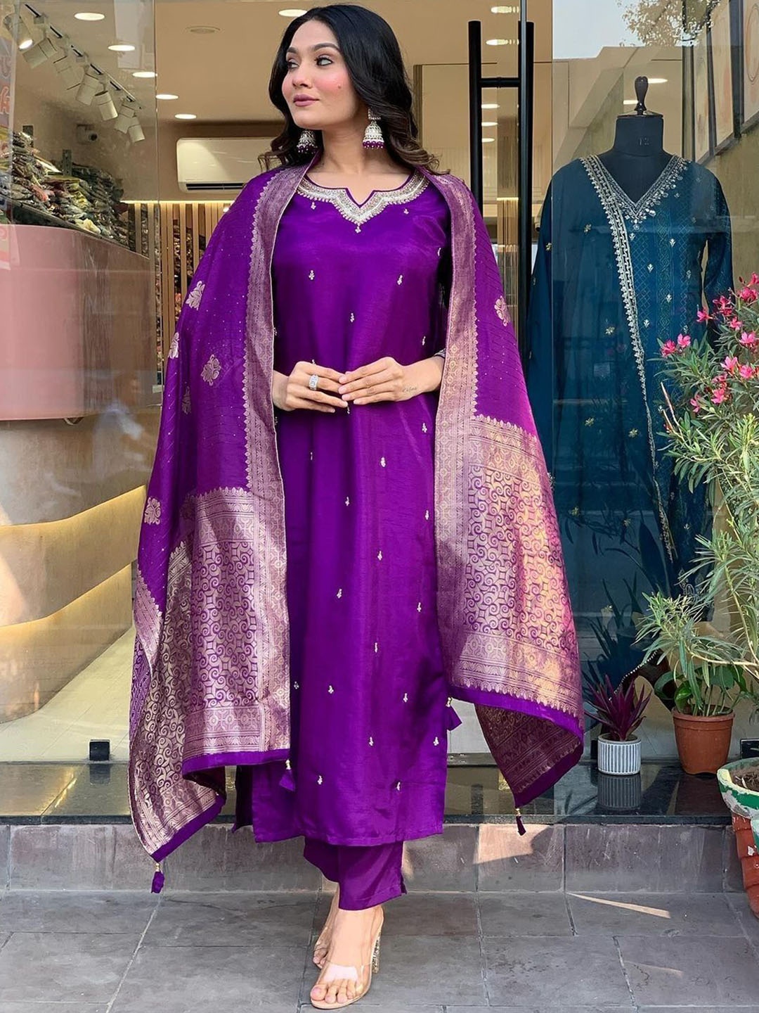 

NIRMAL CREATION Embellished Notch Neck Pure Cotton Kurta With Trousers & Dupatta, Purple