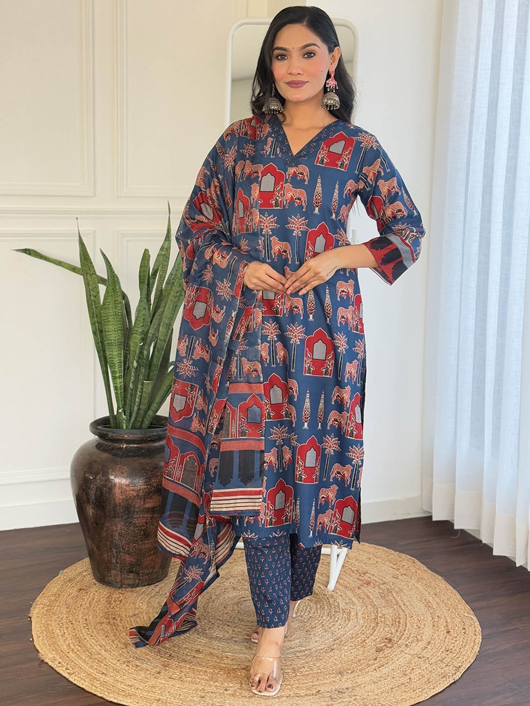 

KALINI Women Ethnic Motifs Printed Regular Pure Cotton Kurta with Trousers & With Dupatta, Blue