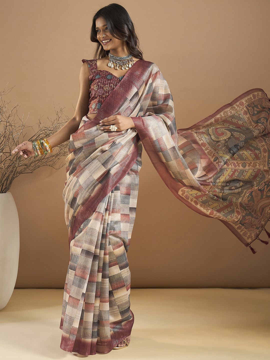 

Mitera Organza Block Print Saree, Brown