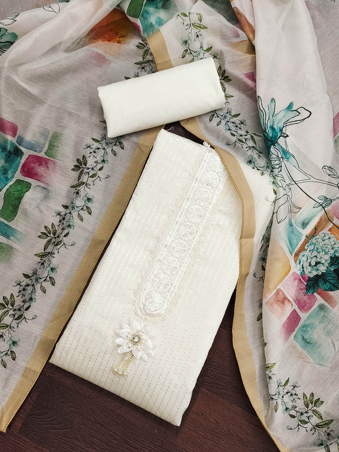 

SAINOOR Embroidered Pure Silk Semi-Stitched Dress Material, White