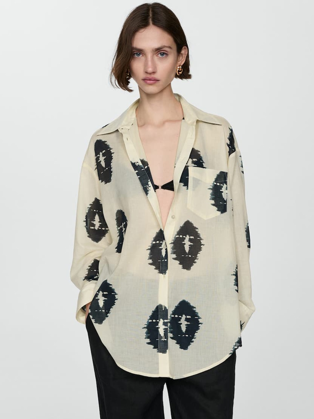 

MANGO Semi Sheer Printed Casual Shirt, Beige
