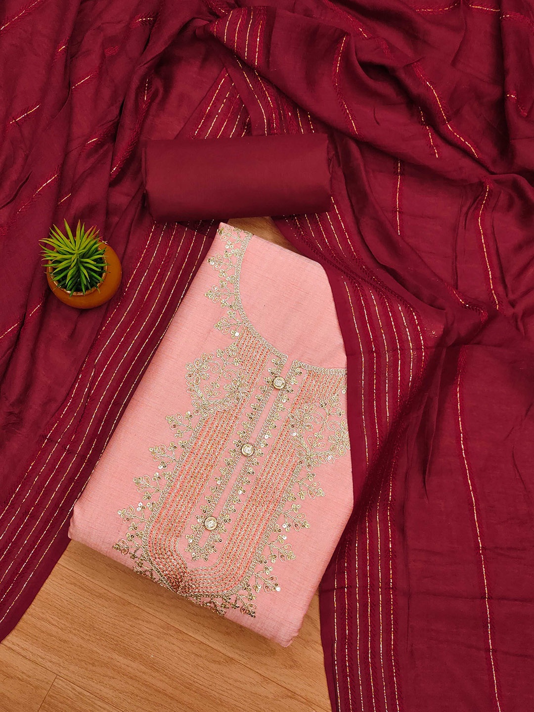 

SAINOOR Embroidered Viscose Rayon Unstitched Dress Material, Peach