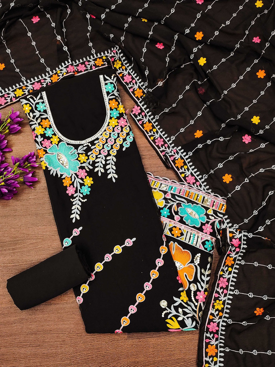 

SAINOOR Floral Embroidered Georgette Unstitched Dress Material, Black