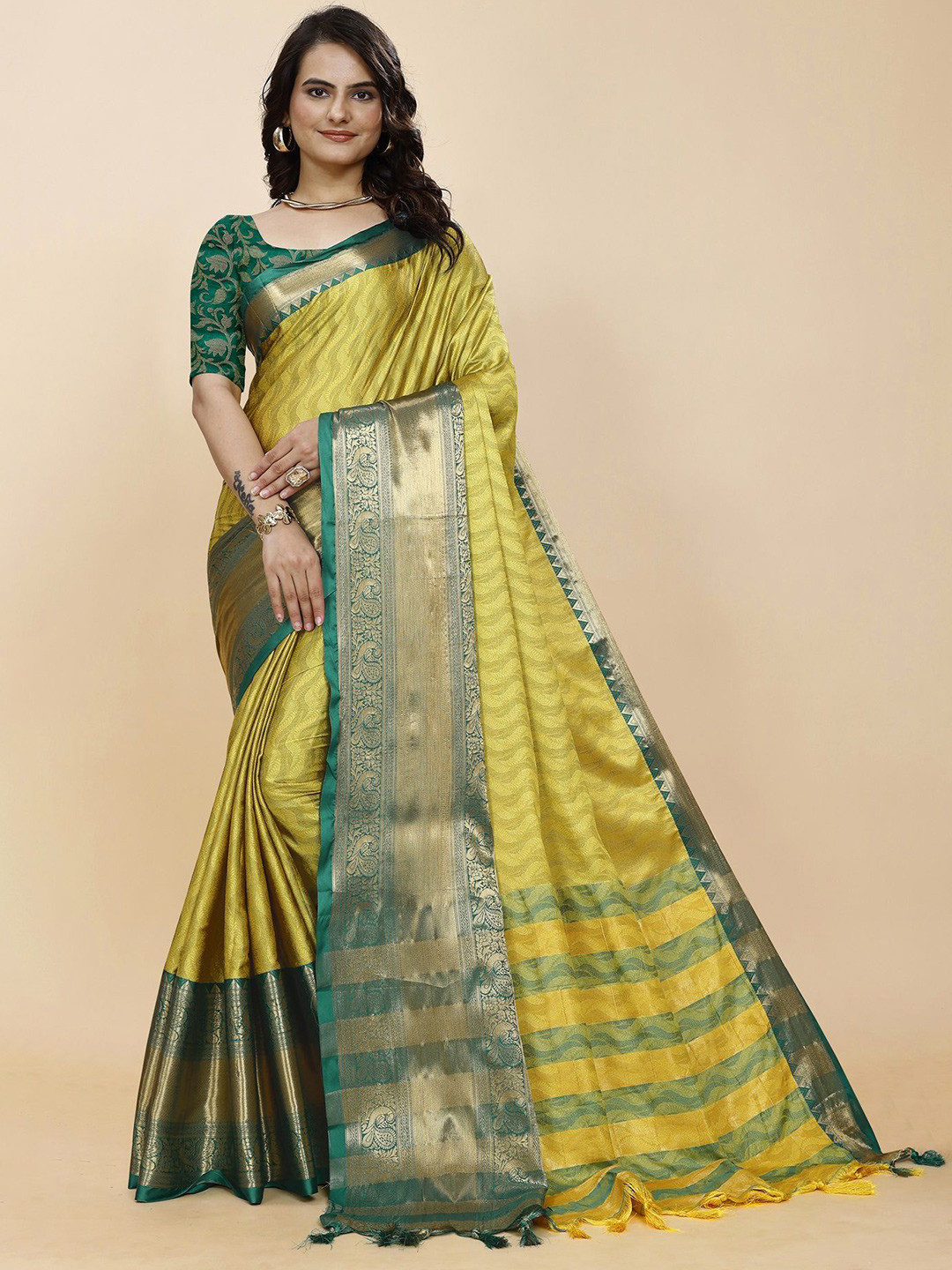 

Fashion FRICKS Woven Design Zari Silk Cotton Saree, Yellow