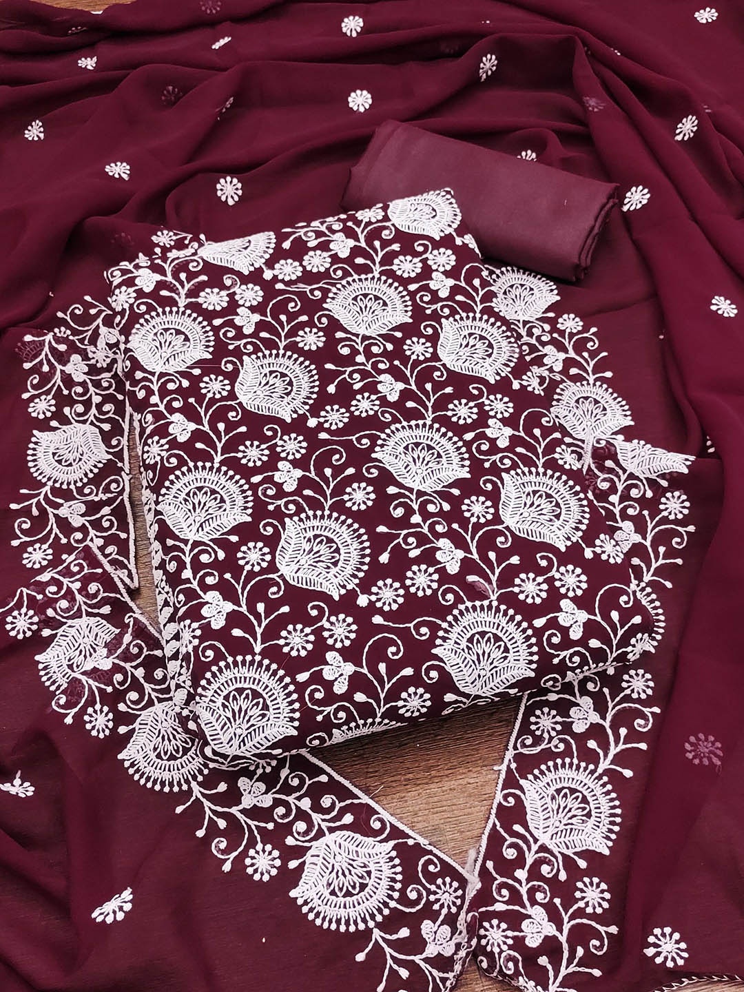 

Rangtulika Floral Embroidered Unstitched Dress Material, Maroon