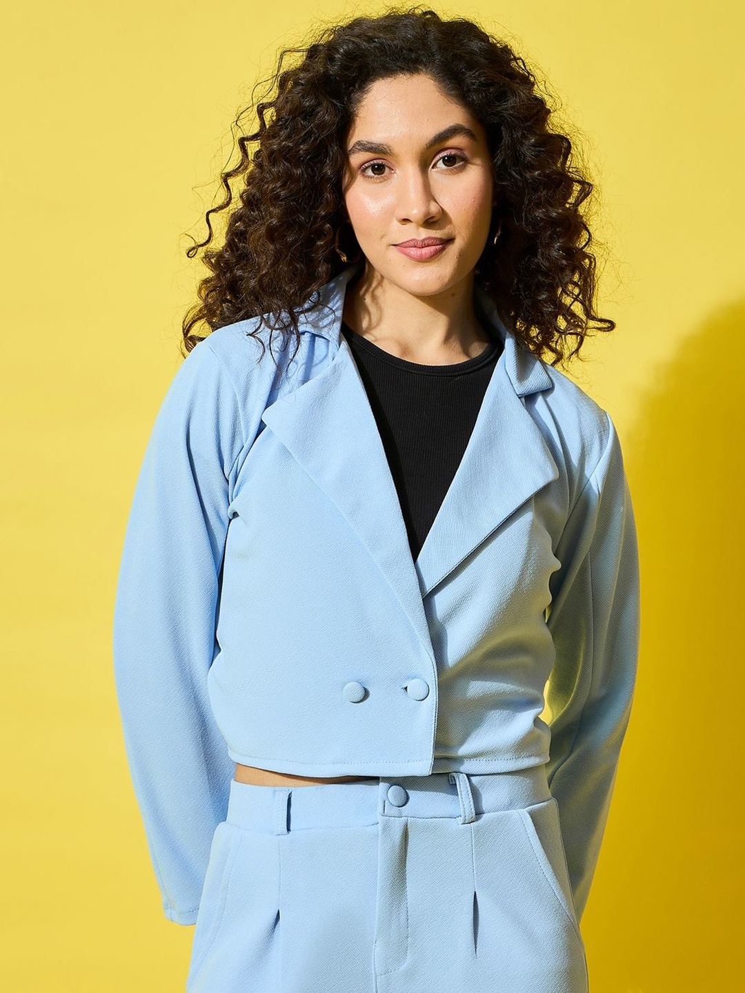 

DIMPY GARMENTS Double-Breasted Notched Lapel Collar Formal Crop Blazer, Blue