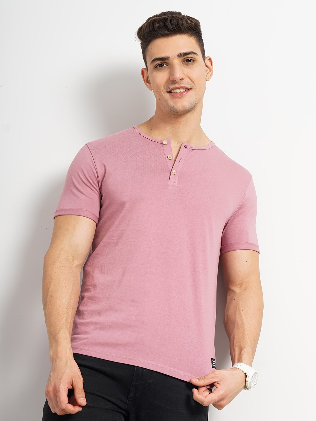 

Genoa Men Henley Neck Slim Fit T-shirt, Pink