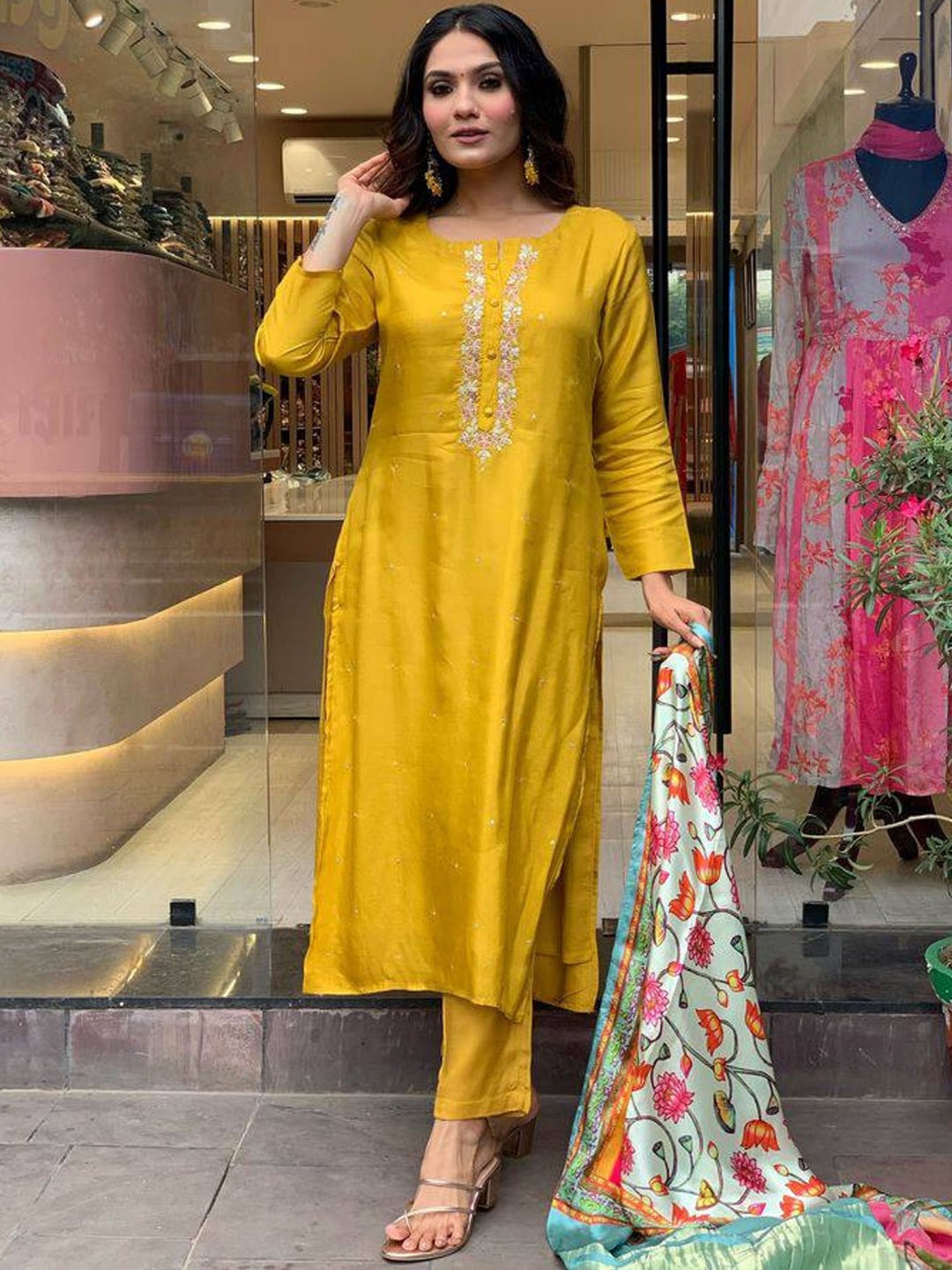 

NIZA FASHION Women Floral Embroidered Regular Chanderi Silk Kurta with Trousers & With Dupatta, Mustard