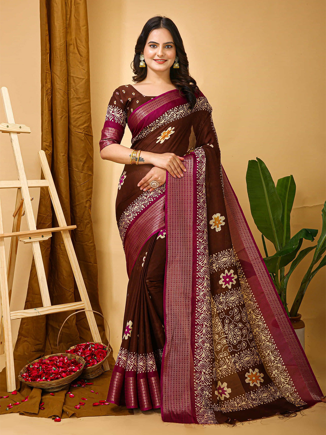 

V3 FASHION STUDIO Ethnic Motifs Zari Art Silk Saree, Brown