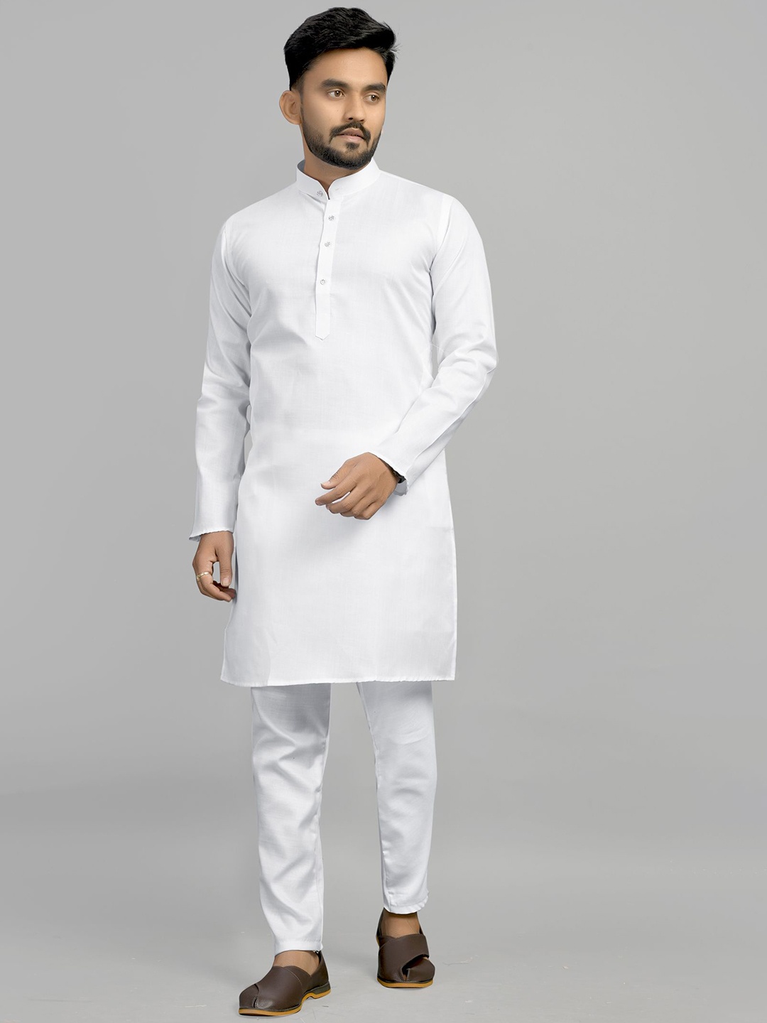 

Fashion FRICKS Band Collar Cotton Straight Kurta, White