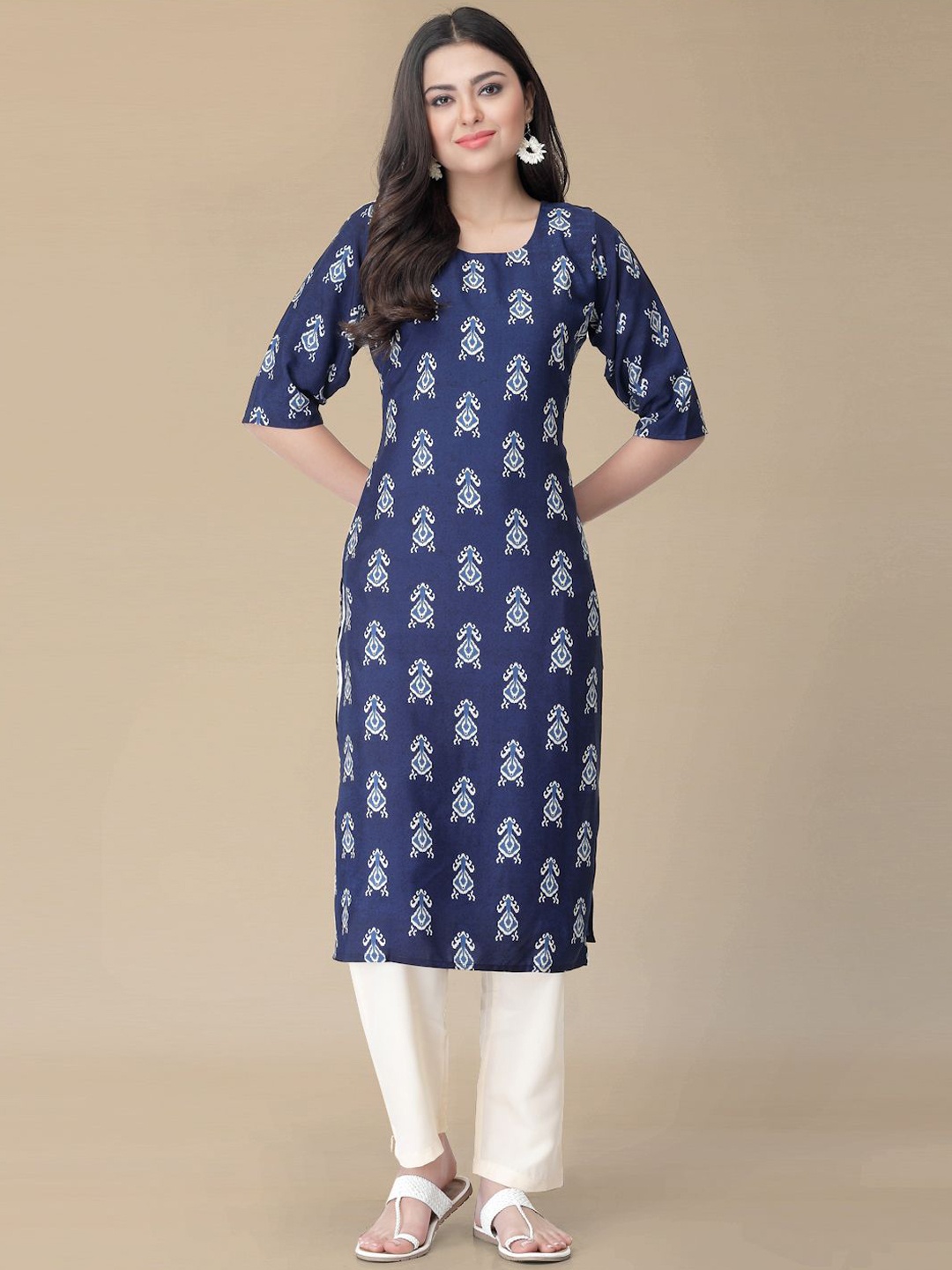 

Moda Rapido Ethnic Motifs Printed Round Neck Ikat Technique Straight Kurta With Trousers, Blue