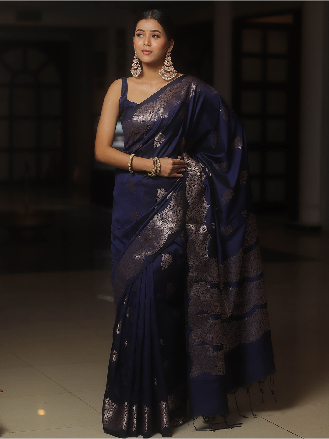 

Banarasee Ethnic Motifs Woven Design Zari Banarasi Saree, Blue