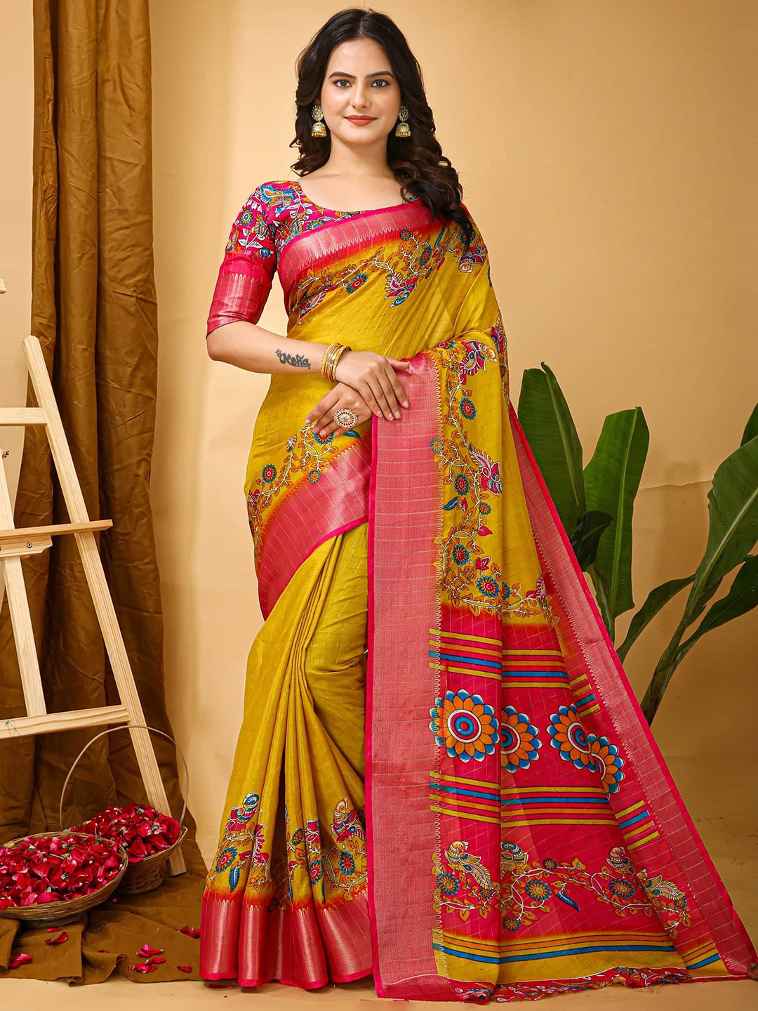 

V3 FASHION STUDIO Ethnic Motifs Zari Art Silk Banarasi Saree, Yellow