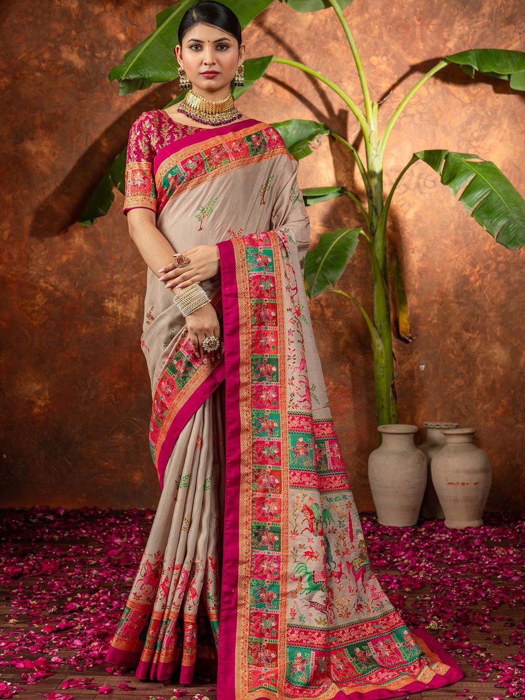 

Anouk Ethnic Motifs Silk Blend Saree, Beige