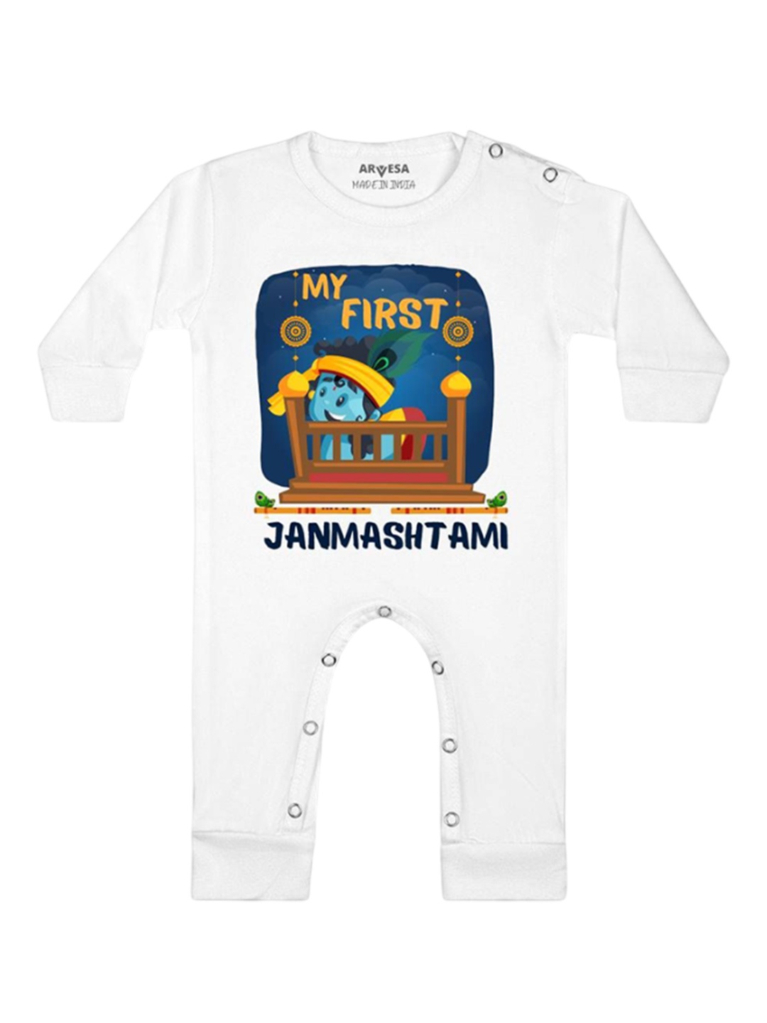 

Arvesa First Janmashtami Printed Baby Romper, White