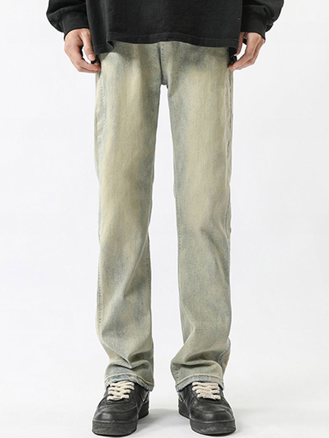 

HERE&NOW Men Regular Fit Mid-Rise Low Distress Jeans, Yellow