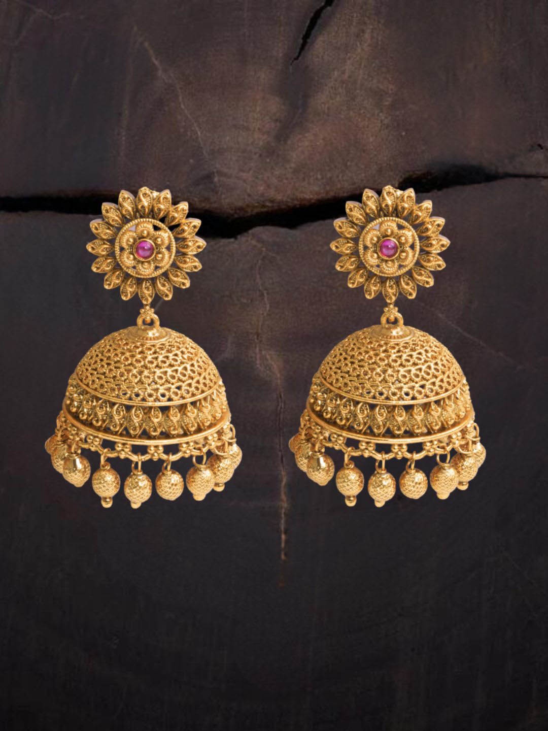 

South Temple Jewellery Gold-Plated Artificial Stones Studded Dome Shaped Jhumkas