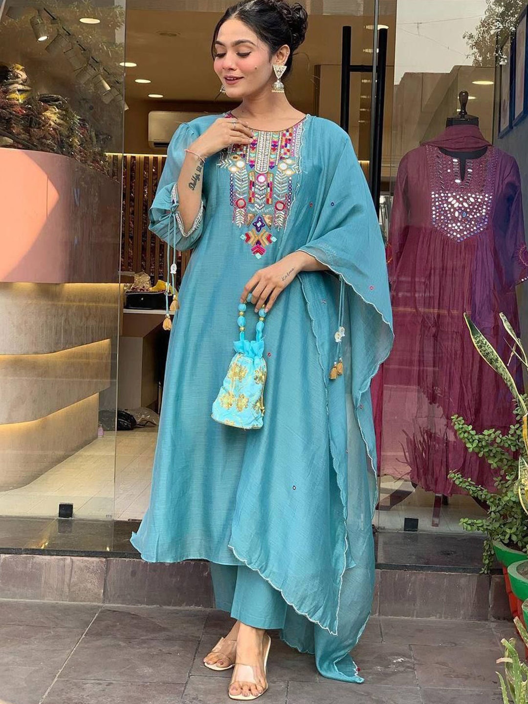 

Bought First Geometric Yoke Design Round Neck Mirror Work Kurta With Trouser & Dupatta, Turquoise blue