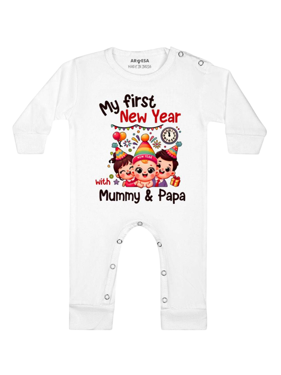 

Arvesa First New Year Printed Baby Romper, White