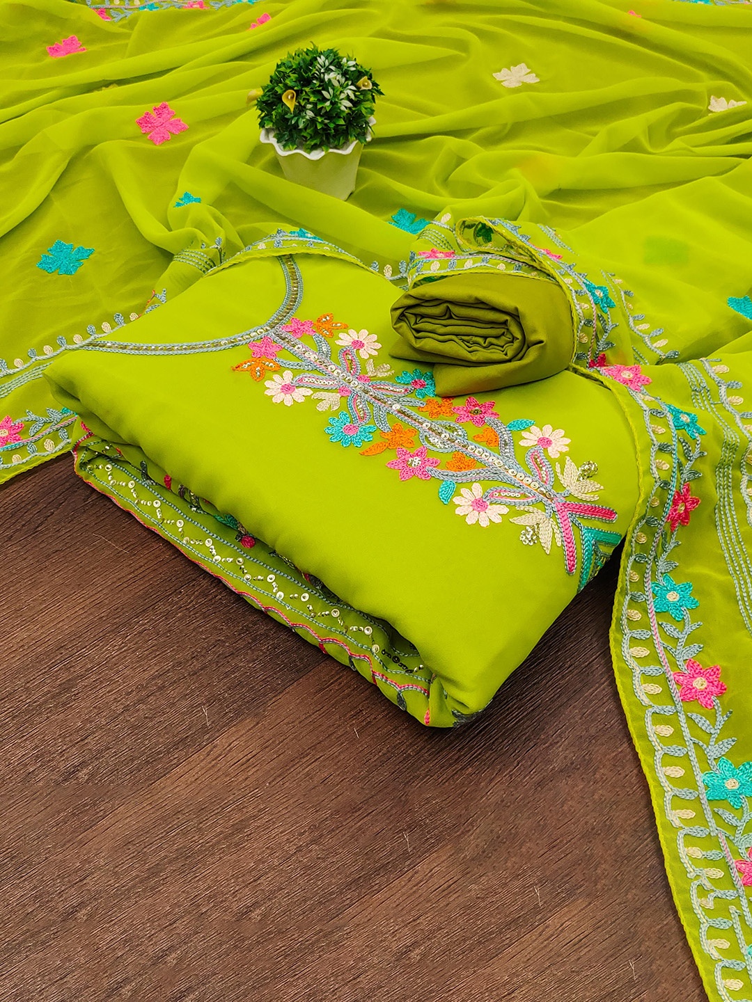 

SAINOOR Sequinned Embroidered Silk Georgette Unstitched Dress Material, Green