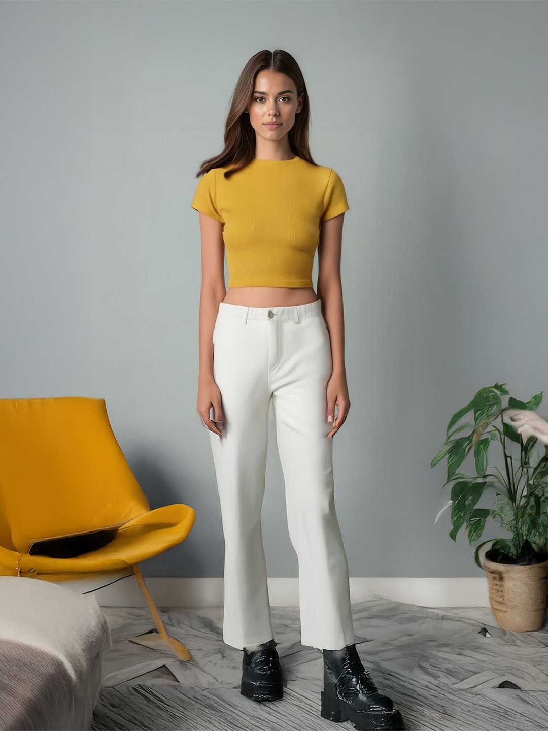 

sollobell Extended Sleeves Cotton Crop Top, Yellow