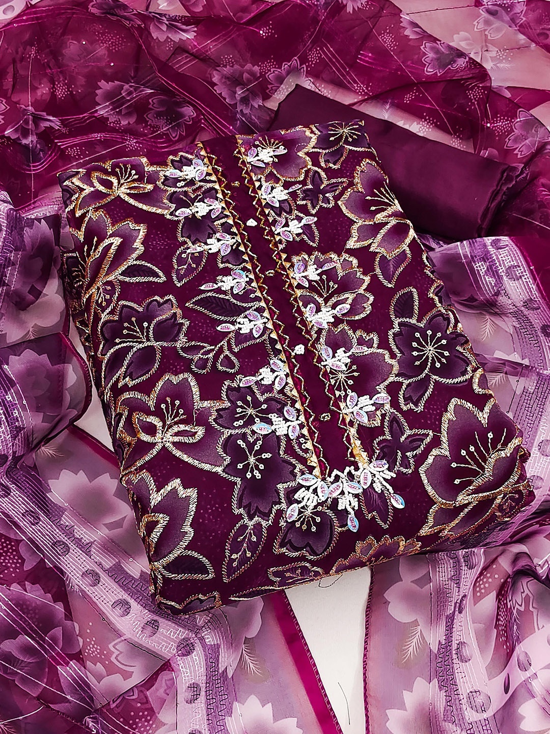 

SAINOOR Floral Embroidered Organza Semi-Stitched Dress Material, Purple