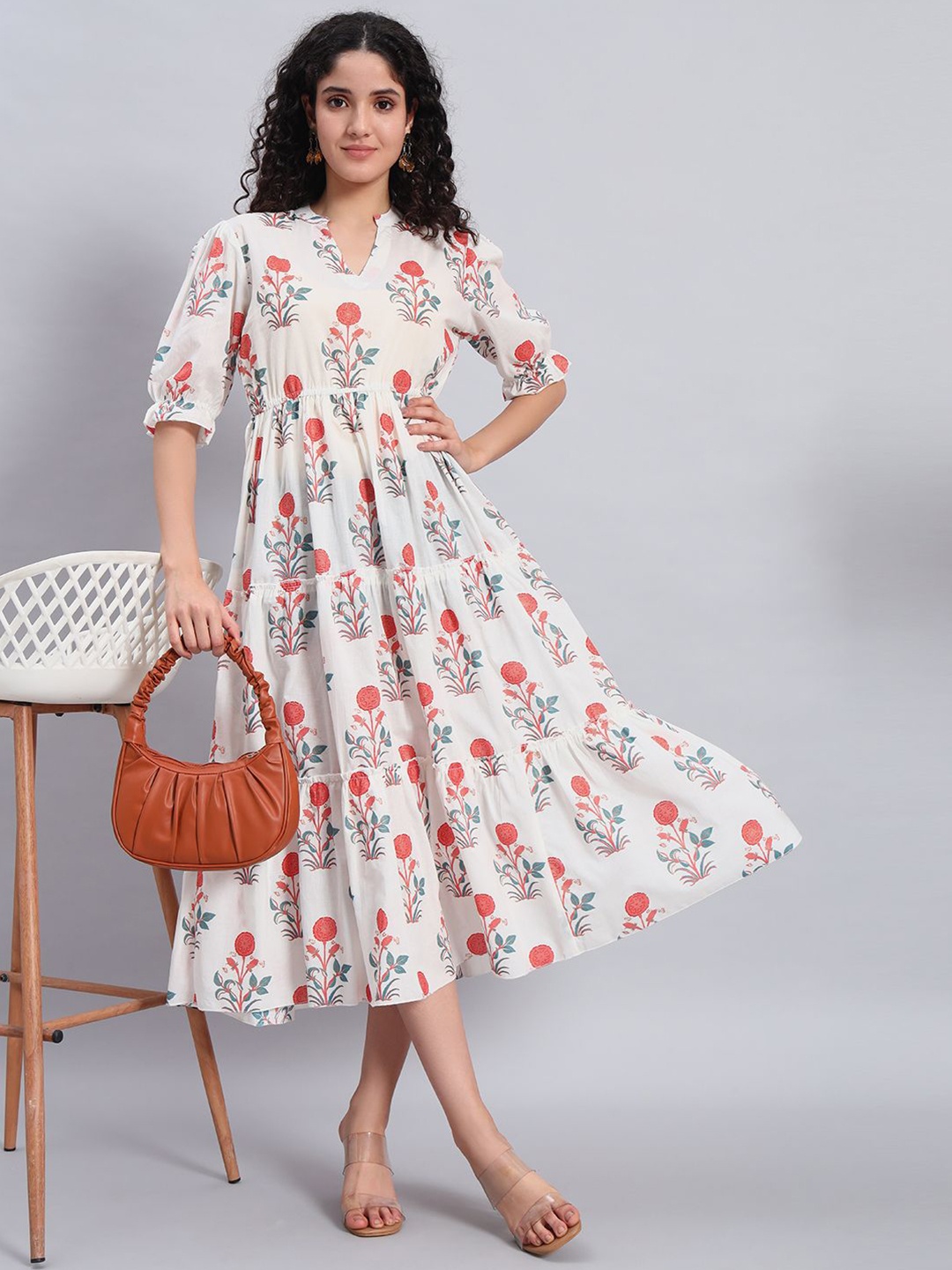 

PIDAVLIYA'S Floral Print A-Line Midi Dress, White