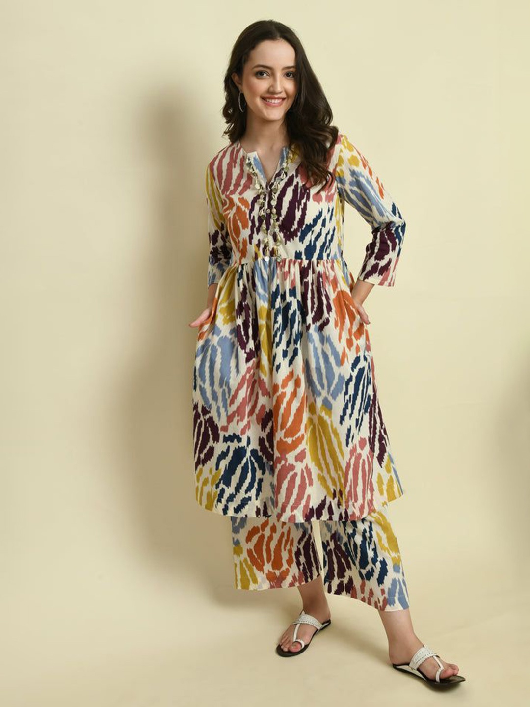 

SEEDS OF FUSION Abstract Printed Notch Neck Pure Cototn A-Line Kurta, Beige
