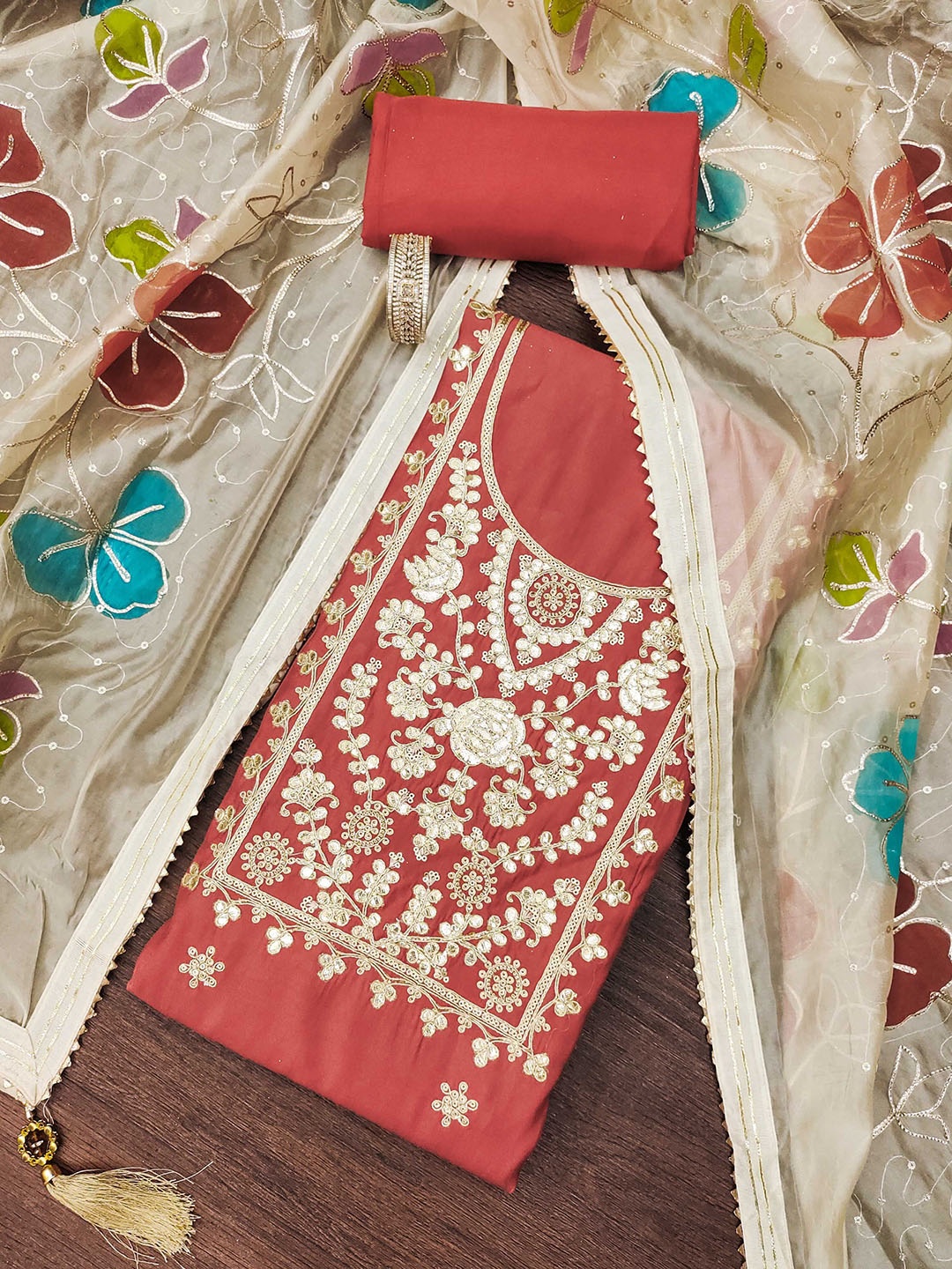 

SAINOOR Embroidered Pure Silk Semi-Stitched Dress Material, Peach