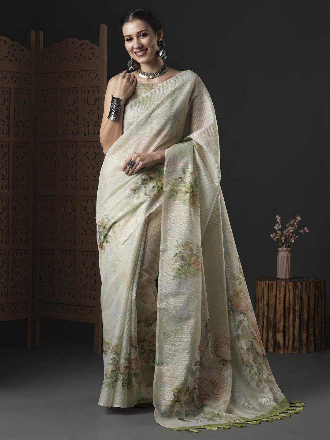 

Mitera Floral Zari Organza Saree, Green