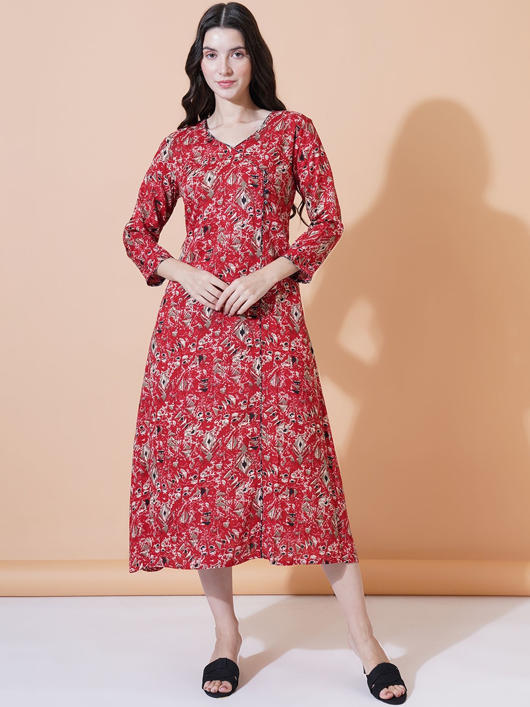 

FebQ Floral Printed V-Neck A-Line Cotton Kurta, Red
