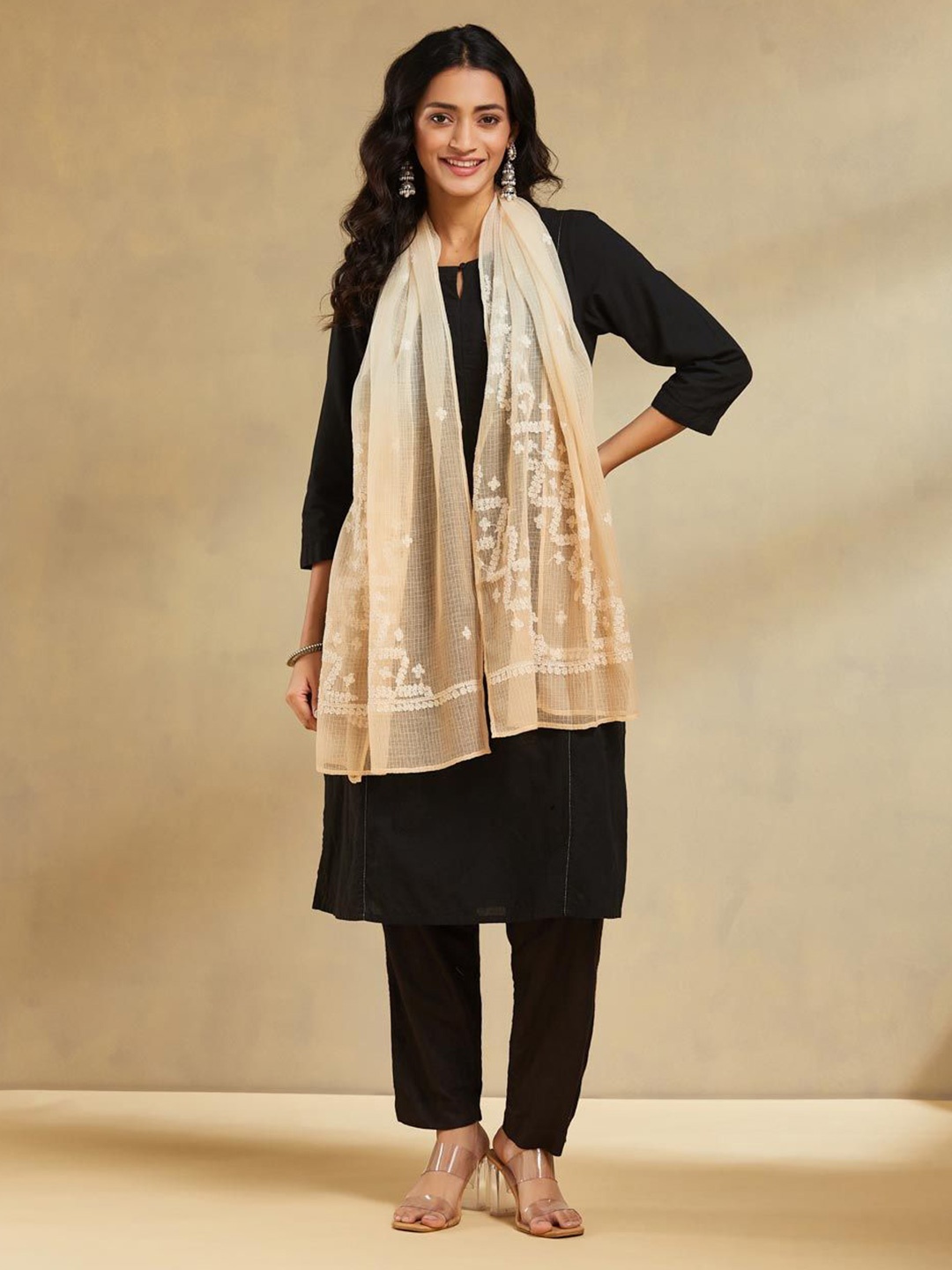 

Fabindia Women Embroidered Stole, Beige