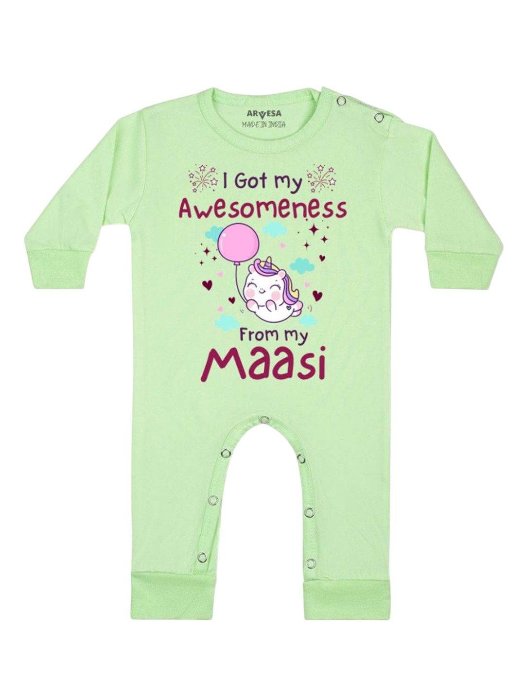 

Arvesa Kids I Got Awesomeness From Maasi Printed Baby Romper, Green