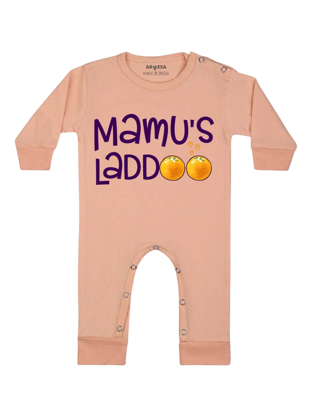 

Arvesa Kids Mamu Laddoo Printed Baby Romper, Peach