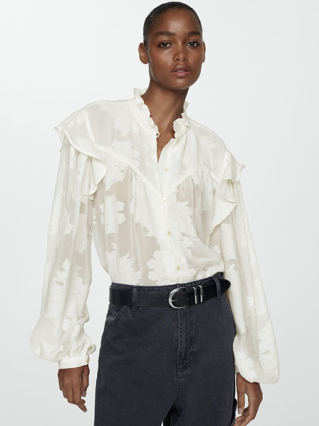 

MANGO Ruffles Detail Self Designed Shirt Style Top, White