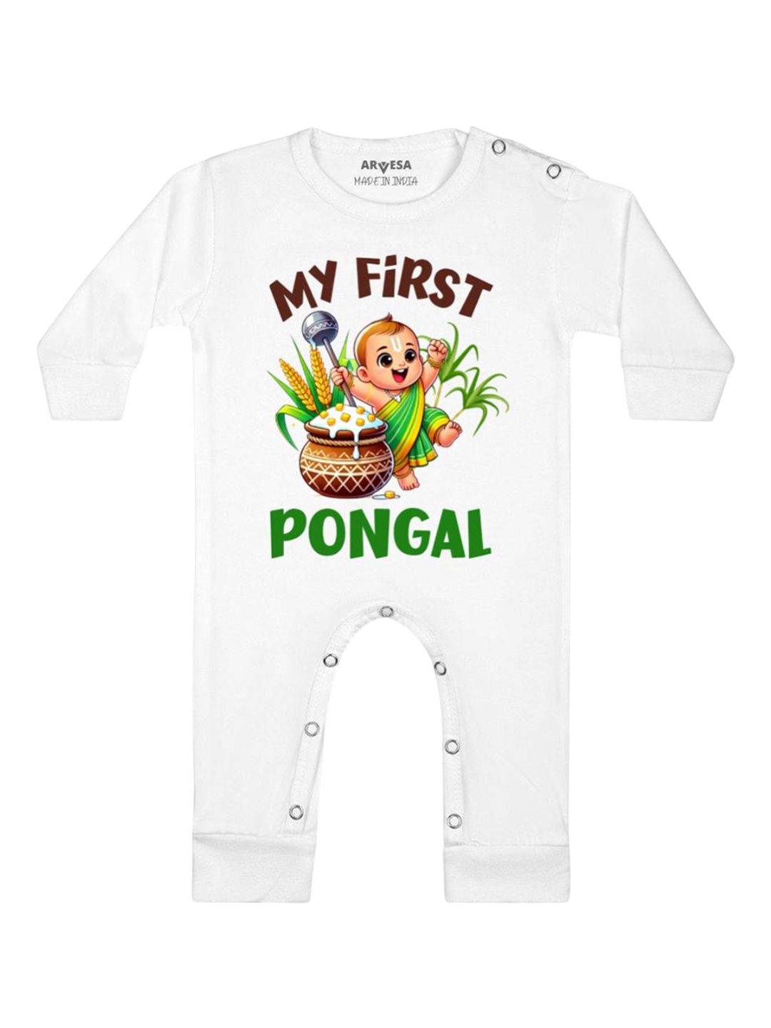

Arvesa First Pongal Printed Baby Romper, White