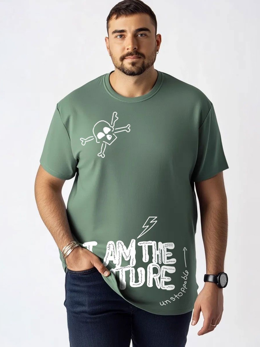 

Toodle Plus Unisex Plus Size Graphic Printed Round Neck Pure Cotton T-Shirt, Green
