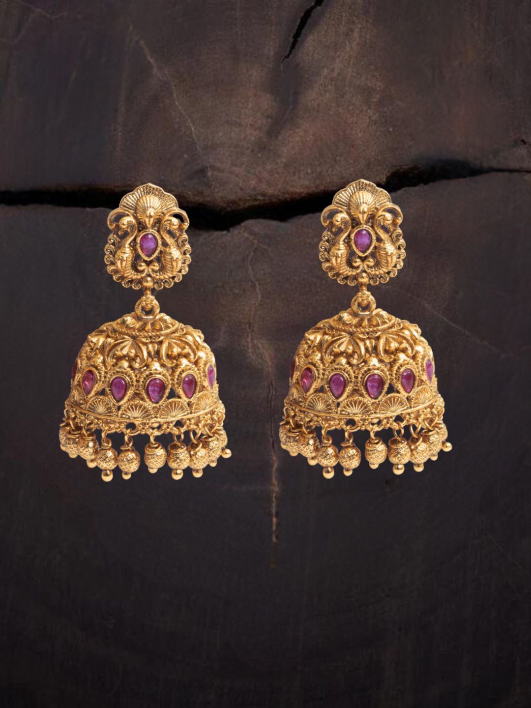 

South Temple Jewellery Gold-Plated Artificial Stoned Studded Dome Shaped Jhumkas