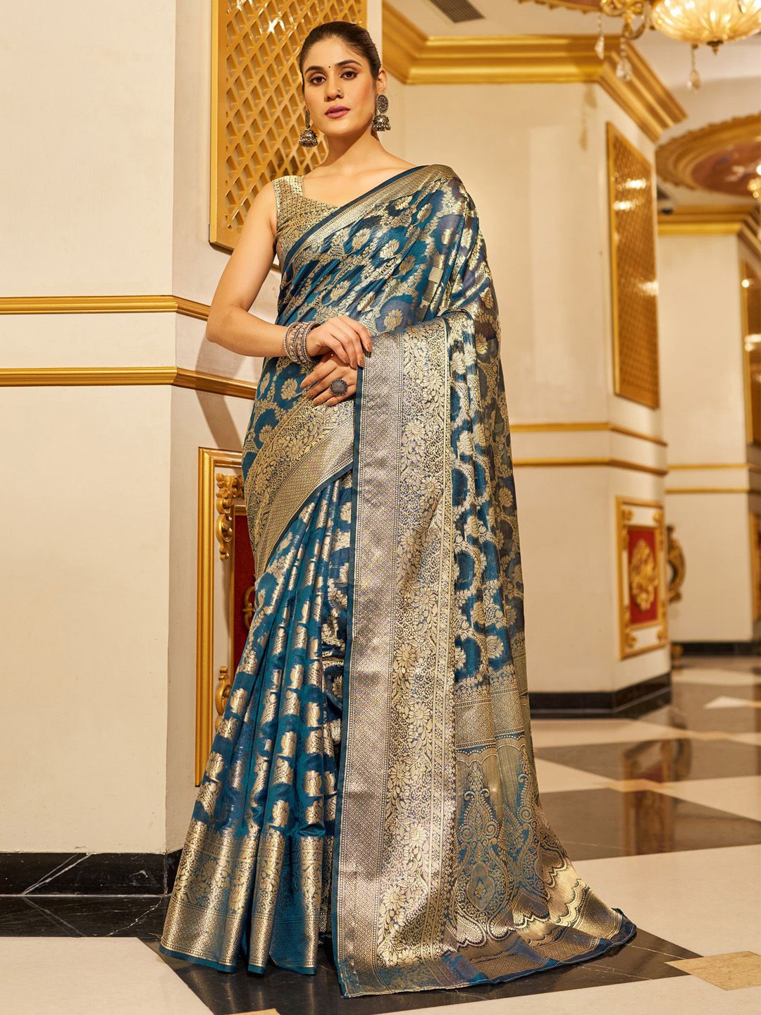 

Mitera Ethnic Motifs Zari Organza Banarasi Saree, Teal