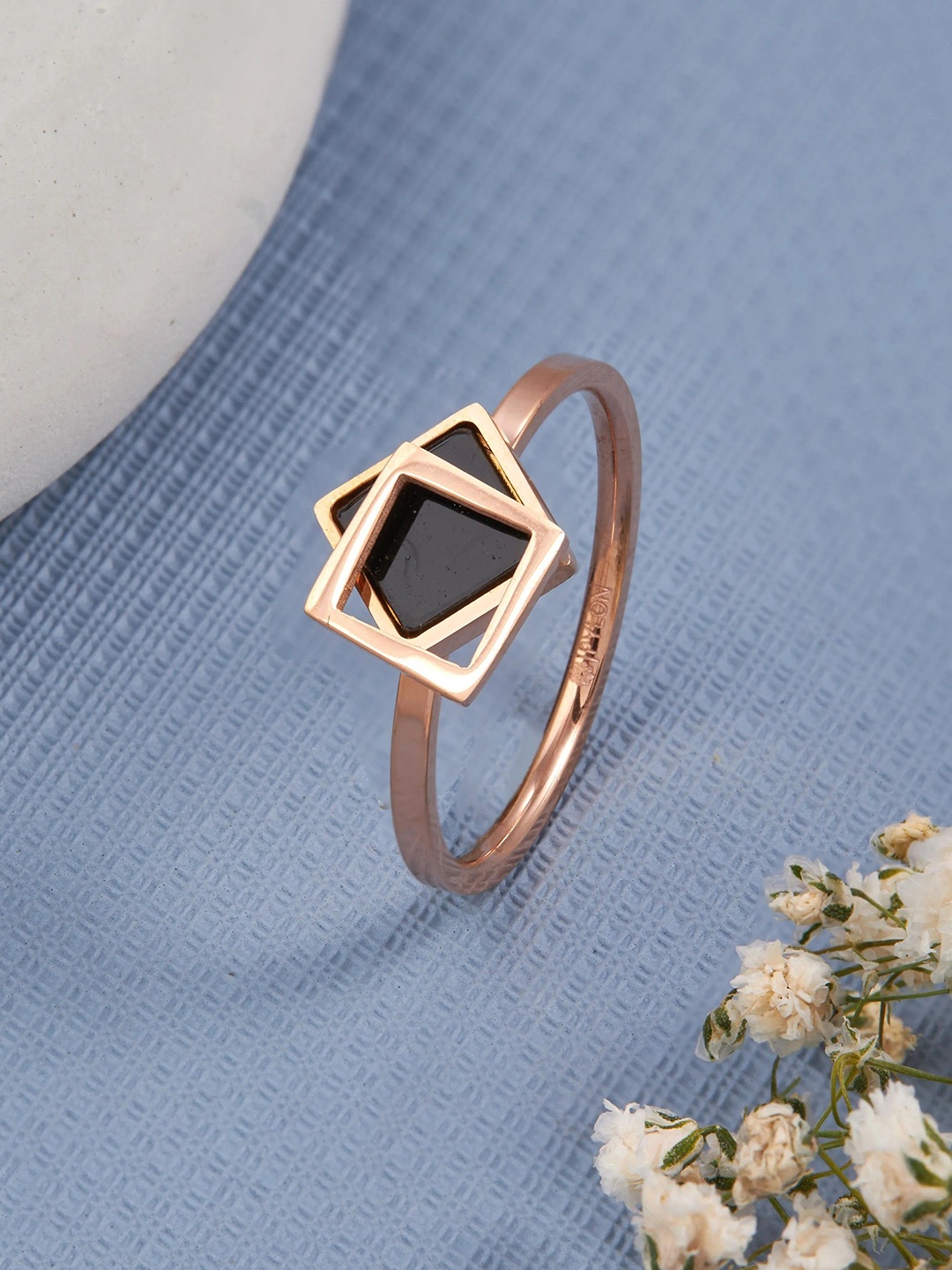 

PYLON Stainless Steel Rose Gold-Plated Artificial Stones Studded Finger Ring