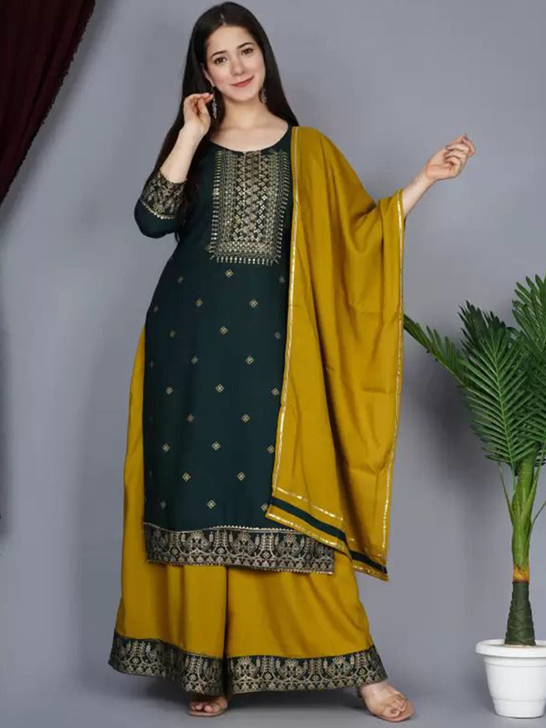 

KALINI Women Embroidered Regular Mirror Work Kurta with Palazzos & With Dupatta, Green