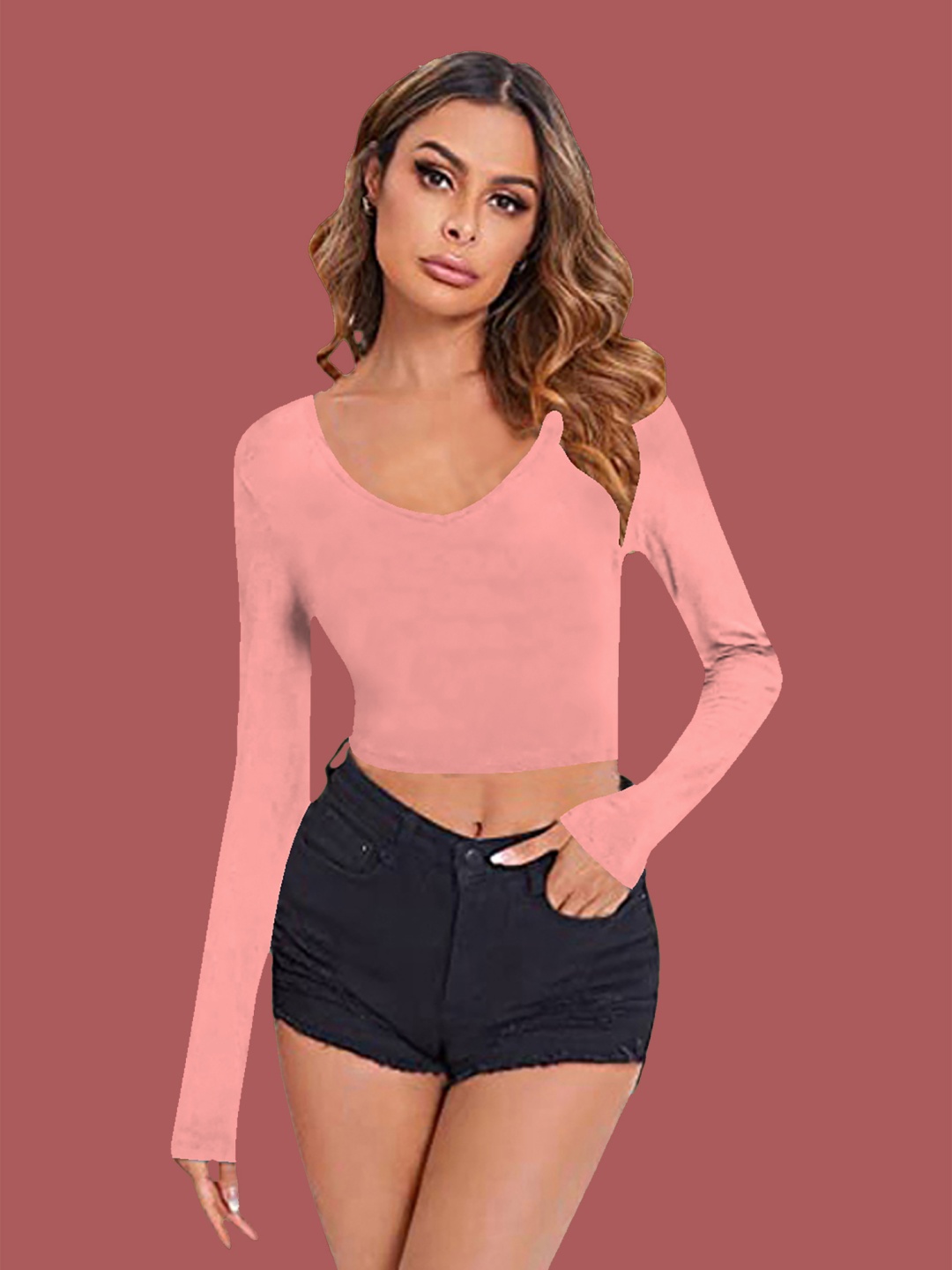 

Dream Beauty Fashion Women V-Neck Long Sleeves Fitted Crop Top, Peach
