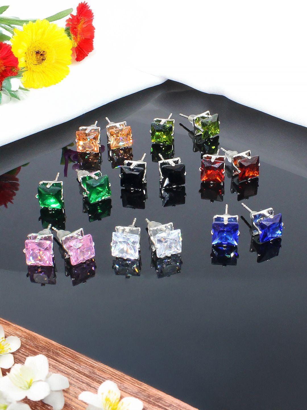 

PRIVIU Set of 8 Rhodium Plated American Diamond Square Shaped Studs, Orange