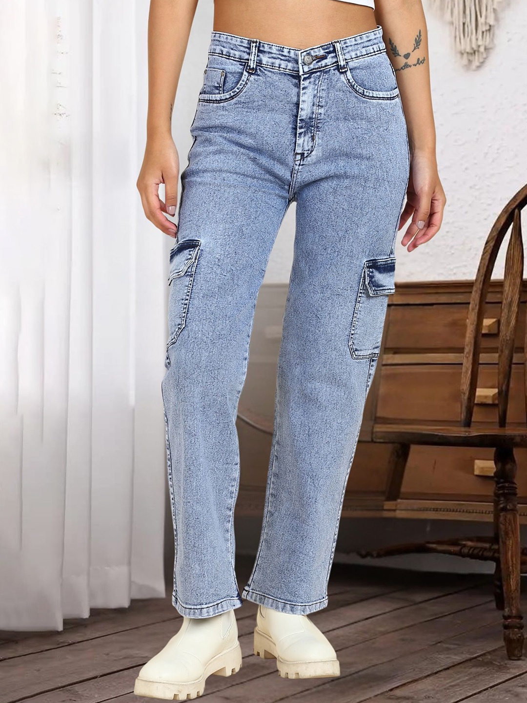 

DressBerry Women Comfort Straight Fit High-Rise Light Fade Acid Wash Stretchable Jeans, Blue