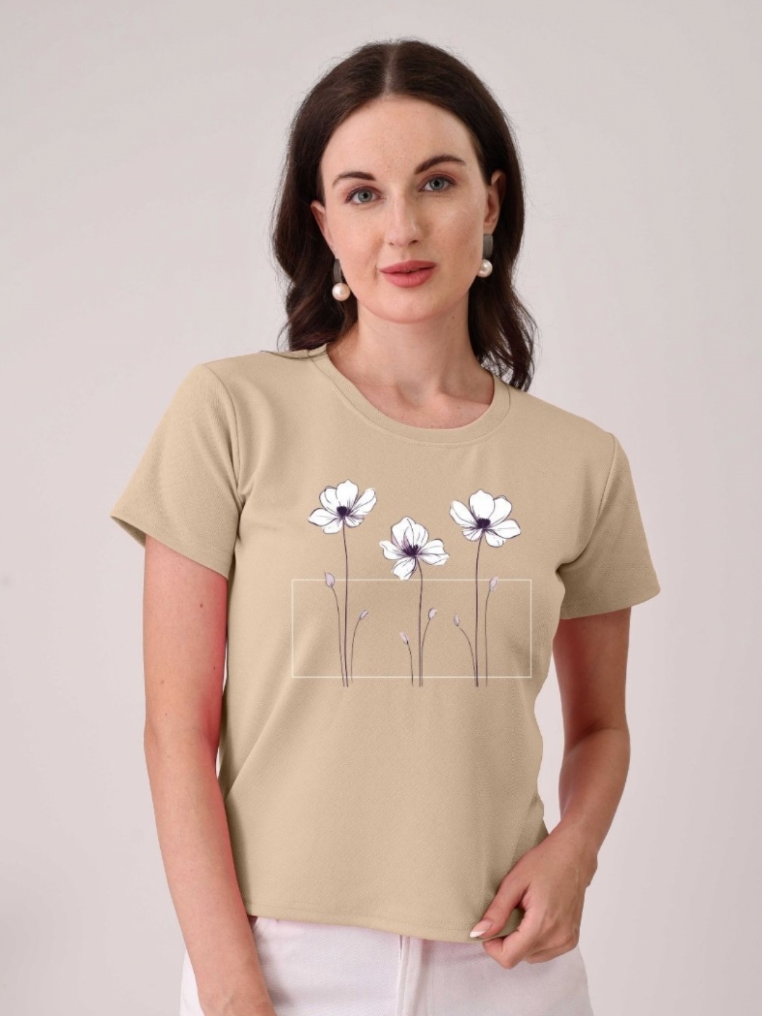 

Moda Rapido Women Floral Printed Round Neck Cotton T-shirt, Cream