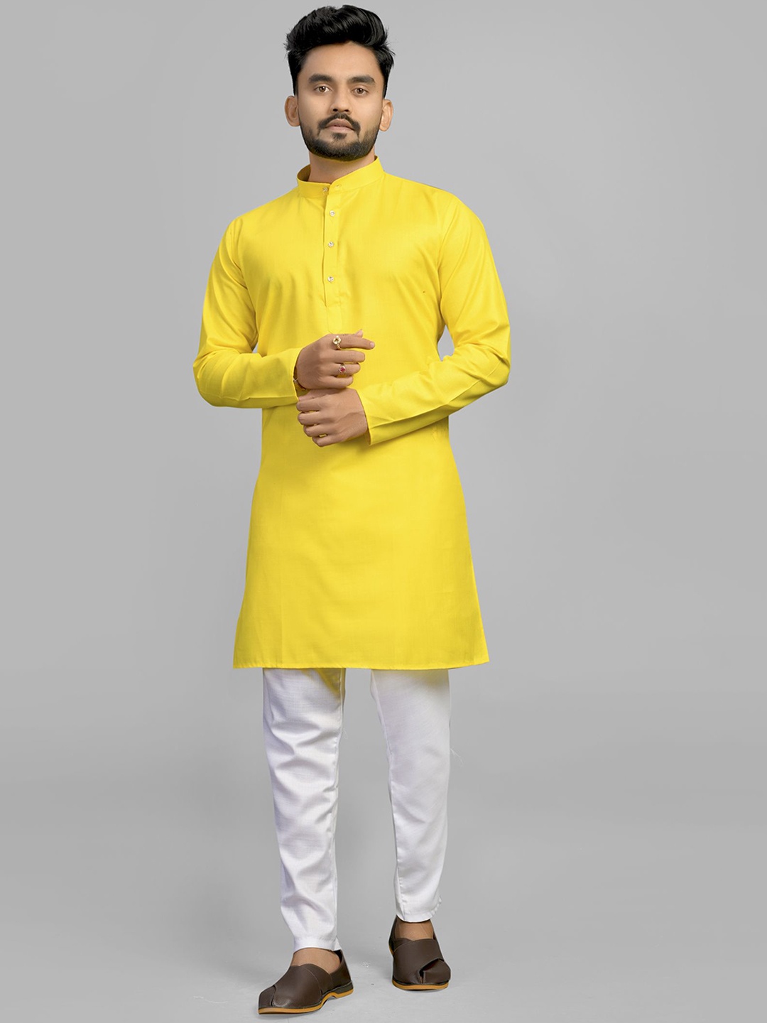 

Fashion FRICKS Band Collar Cotton Straight Kurta, Yellow